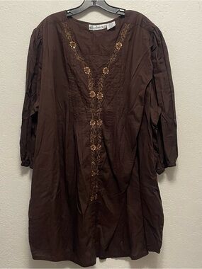 Denim 24/7 Brown Sequin Gold Embroidered 30W Tunic Top Cotton